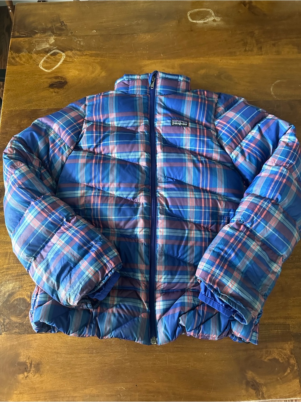 Patagonia down puffer jacket winter coat girls size M blue plaid full zip